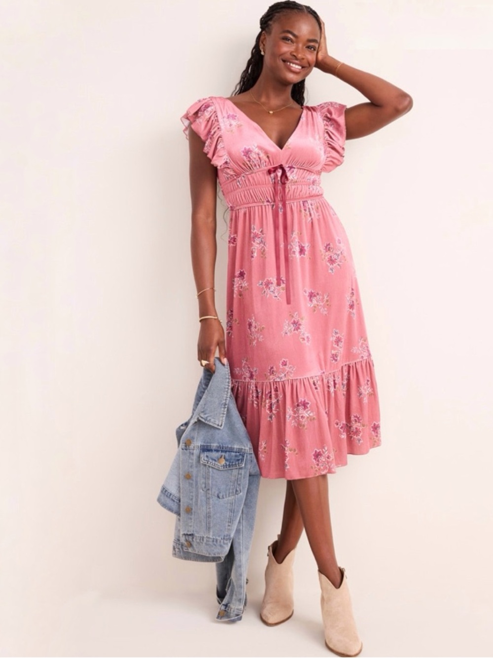 Francesca's Collections Pink Floral Tie-Front Flutter Sleeve Midi Dress NWT